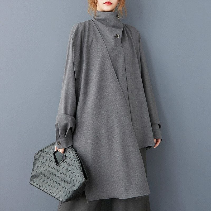 SOLID HIGH NECK ASYMMETRIC DESIGN PULLOVER SHIRT 2colors M-15194