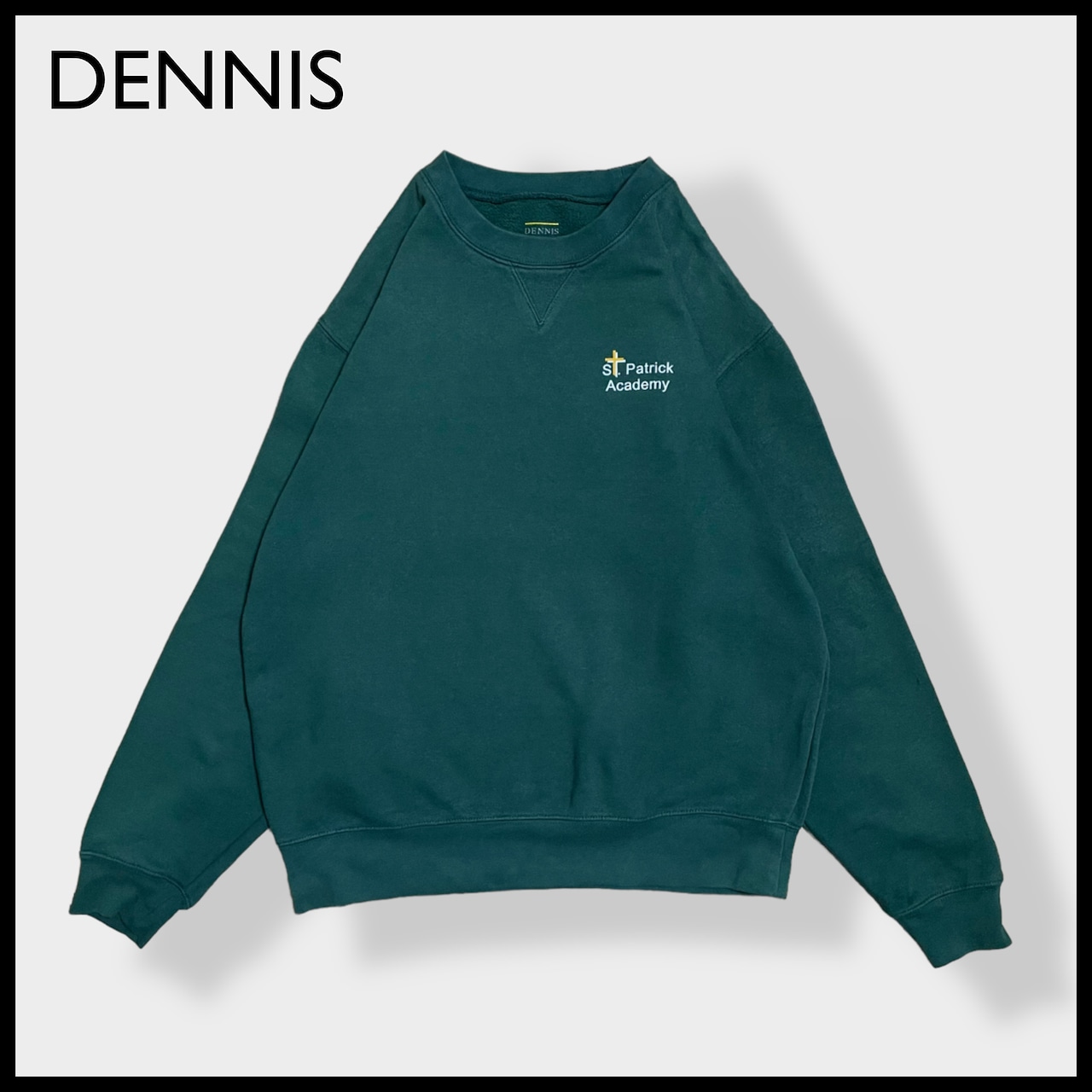 【DENNIS】St. Patrick Academy ワンポイントロゴ スウェット トレーナー プルオーバー ディープグリーン セントパトリックアカデミー カトリック M US古着