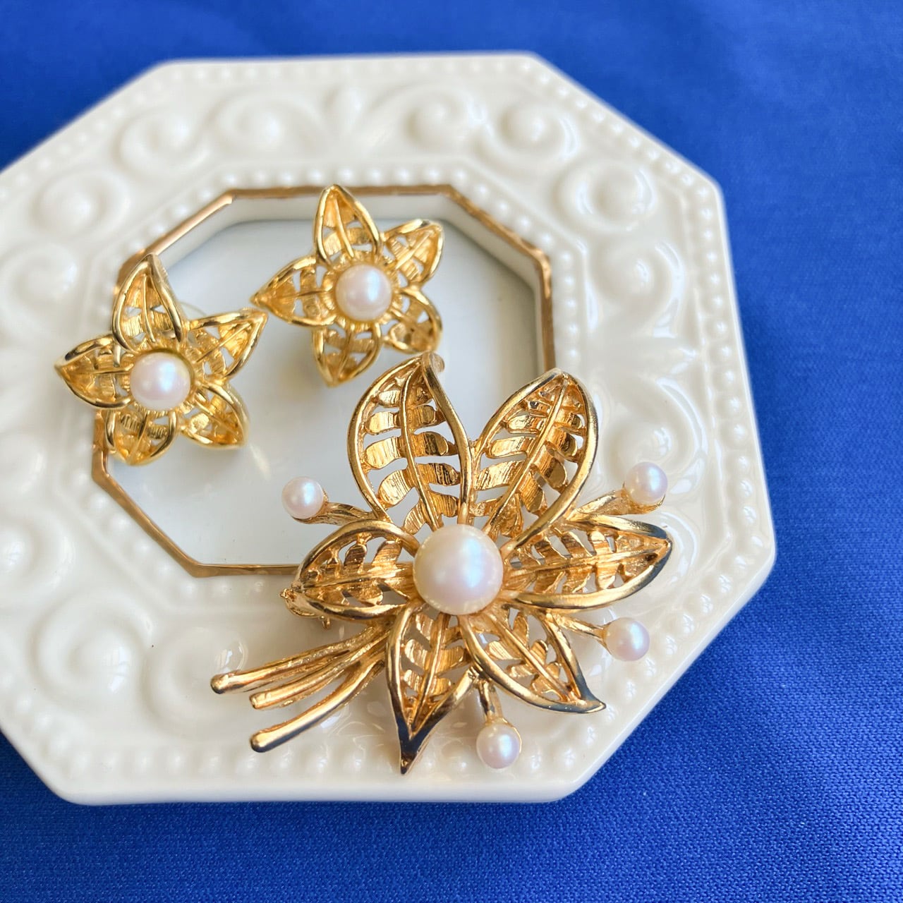 gold & pearl flower pierce[p-1114] & brooch[b-414] ヴィンテージ