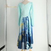 フラダンス 衣装 FANCY DRESS ファンシードレス ワンピース ドレス ブルー系 植物柄 ヤシの木 チュール袖 ハワイアンプリント ハワイアン アロハ フラ ダンス レッスン 練習 長袖 フレアスカート 水色 紺 白 黄 ネイビー系 ホワイト系 イエロー系 華やか さわやか かわいい おしゃれ 上品 大人っぽい