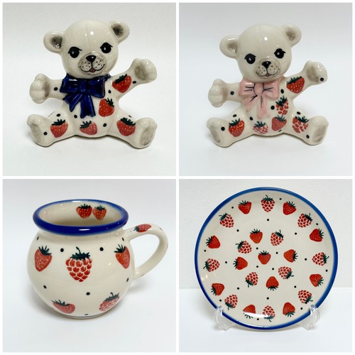(専用商品）クマの置物2点・いちごとラズベリー柄　マグカップ200ml、プレート19cm