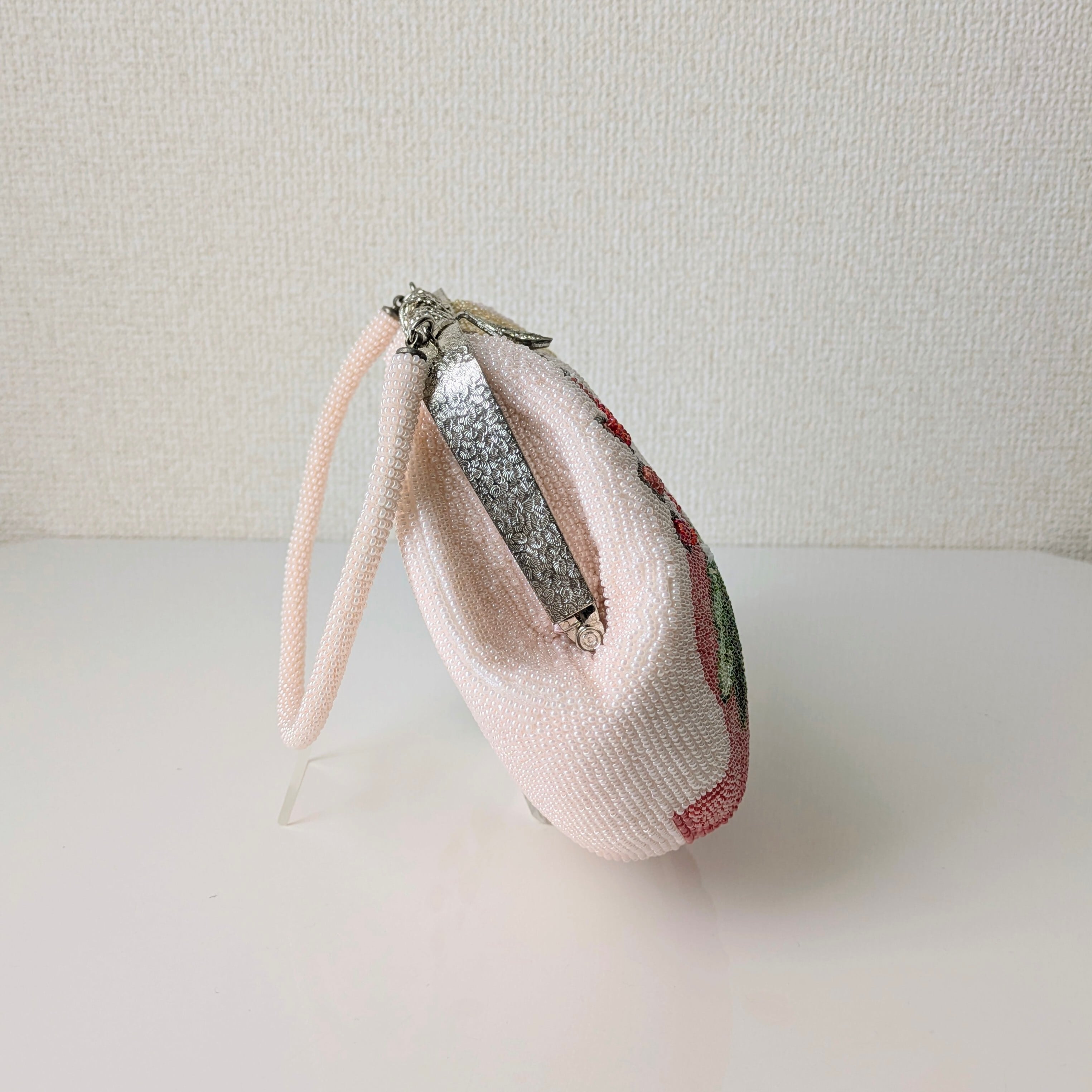 Vintage】ビーズ刺繍バッグ ピンク 藤の花模様 パーティーバッグ 昭和