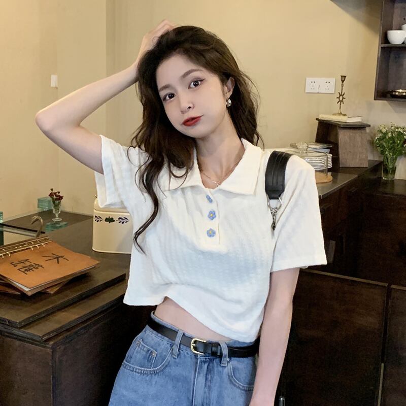 ホワイトショートTシャツ サマーカラートップス 大人ガーリー スウィート キュート カジュアル 夏物 試着室82471987315