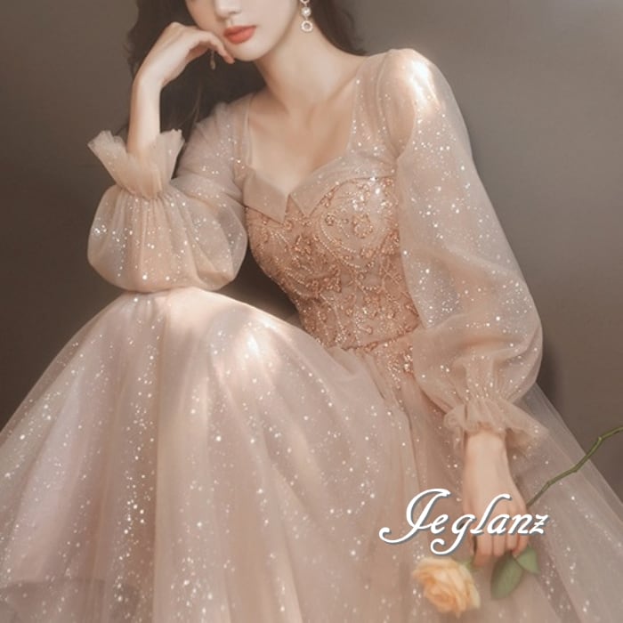 パーティ イブニングドレス 背中 編み上げ ラメ キラキラ 光沢感(M5621)ζ