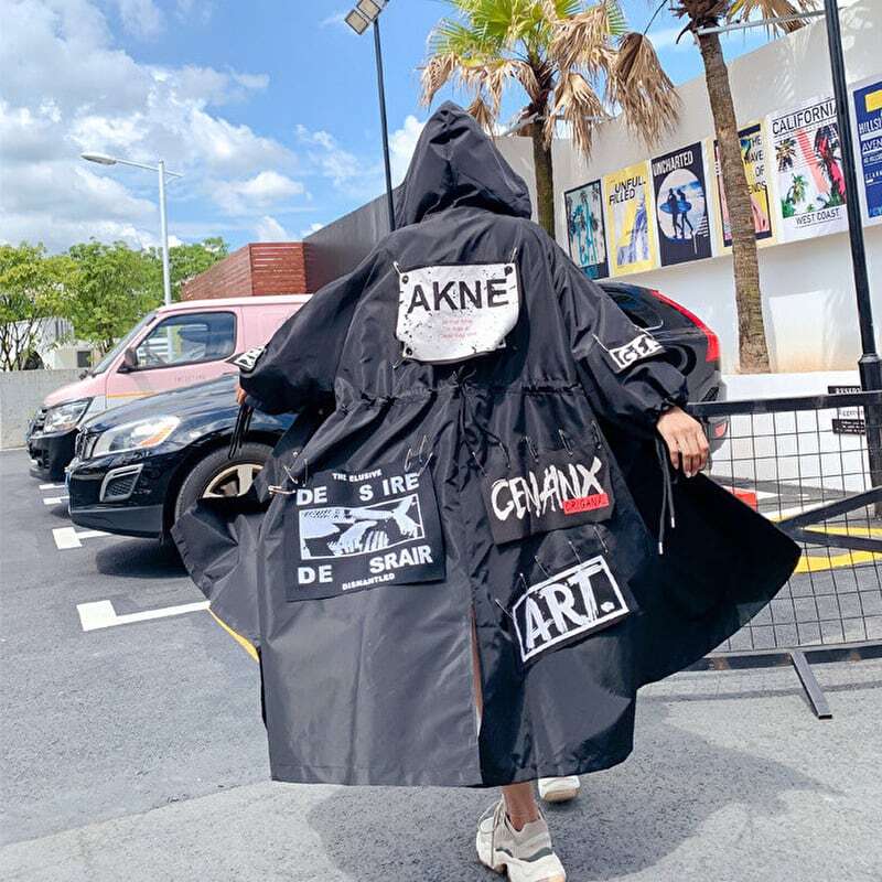 サブカル 服 地雷系 通販 スプリングコート ウィンドブレーカー ユニセックス ロング丈 オーバーサイズ バッグロゴ ストリート系