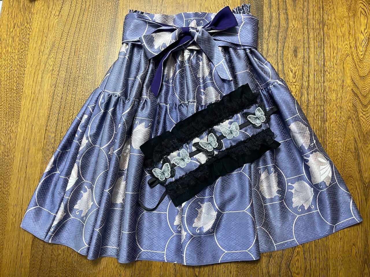 着物リメイク 1点もの【ヴィンテージ着物】ティアードスカート【紫 蝶