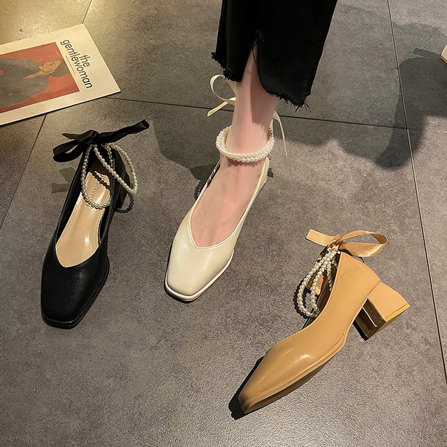シングルサマースタイルパールイブニング 靴 シューズ 夏物 真珠 スクウェア 部族の婦人靴66636251459