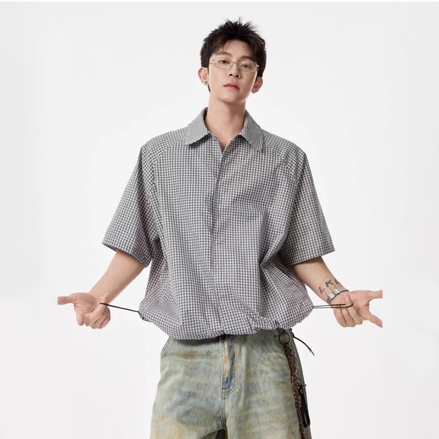 4色展開チェック柄ドローストリング半袖シャツ