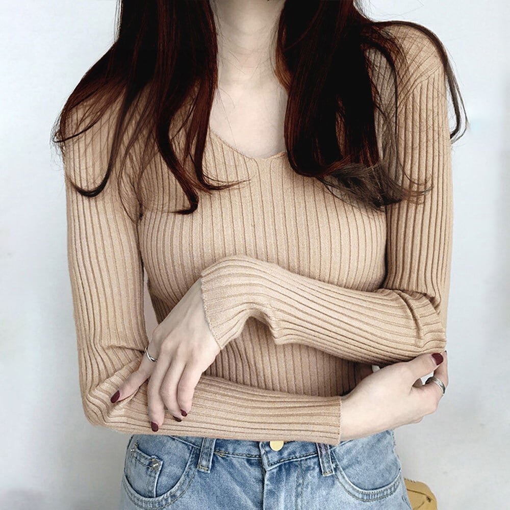 タイト ニット トップス レディース 春秋 韓国 リブニット きれいめ 大人 シンプル かわいい カジュアル Vネック おしゃれ 大人可愛い 大人女子