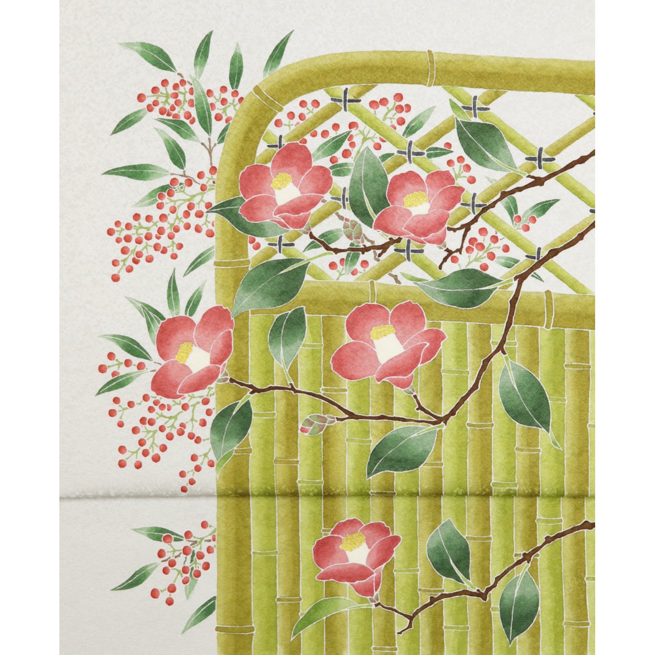 手描き友禅 染名古屋帯「椿南天竹垣図」