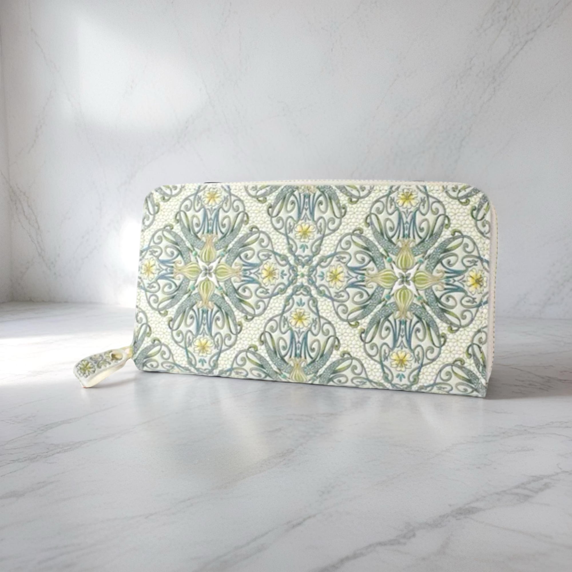 浅草文庫 アールヌーヴォー ラウンド長財布 グリーン|日本製・友禅染めレザー|花柄ラウンドファスナーウォレット