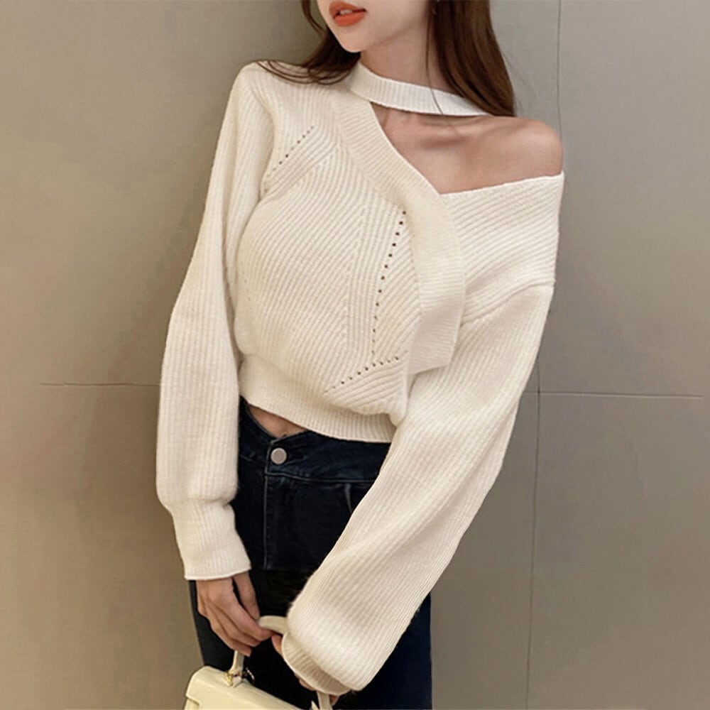 ショート丈 ニット セーター レディース 春秋冬 韓国 ホルターネック トップス 大人 かわいい きれいめ 肌見せ カジュアル リブニット 肩開き 大人可愛い 大人女子