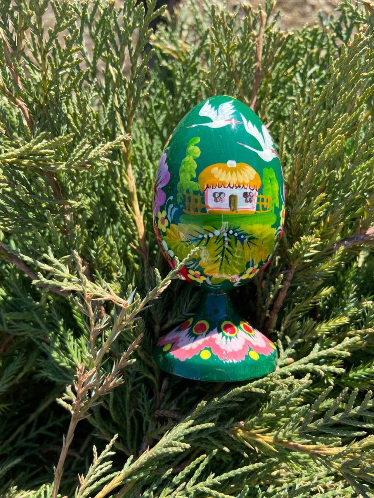 ペトリキウカ塗り　木製プィサンカ・スタンド一体型（イースター・エッグ）9cm（ホメンコ作） - 4