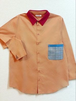襟ニット袖刺繍ポケットデニムMixキャメルシャツ