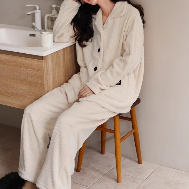 【M-XL】ladies waffle velvet cardigan style pair pajamas p1063
