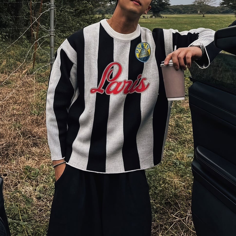 Men's : Black & White Stripe Retro Knit Top*MS-12