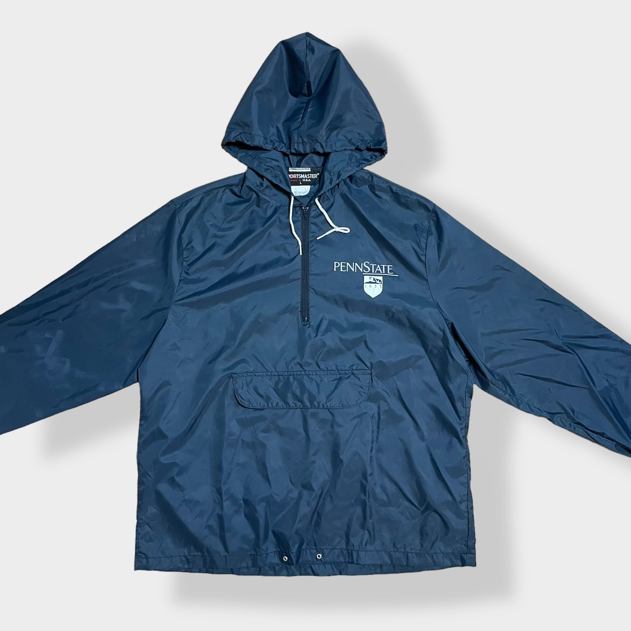 【SPORTSMASTER】90s USA製 カレッジ ペンシルバニア州立大学 PENNSTATE ナイロンジャケット アノラックパーカー プルオーバー ハーフジップ ワンポイントロゴ プリント フーディー IDEALジップ ネイビー 春物 us古着