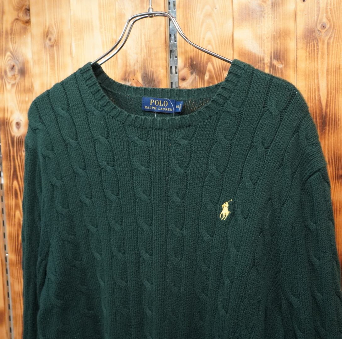 ralphlauren コットン ケーブルニット L/ラルフローレン グリーン