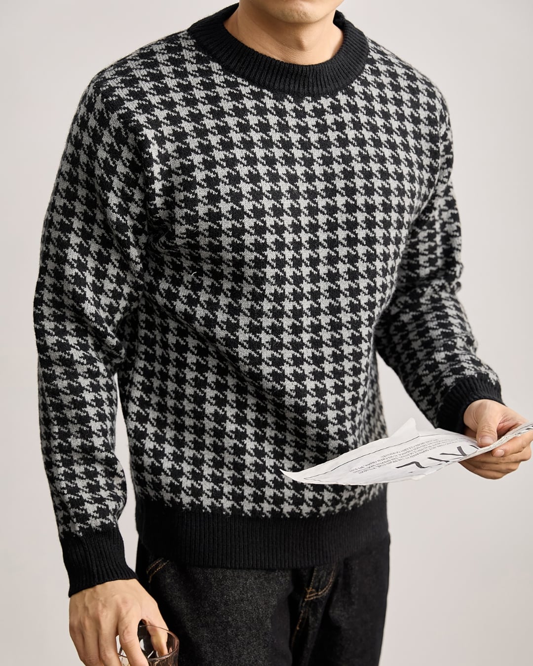 モノトーン 千鳥格子クルーネックニット A0137