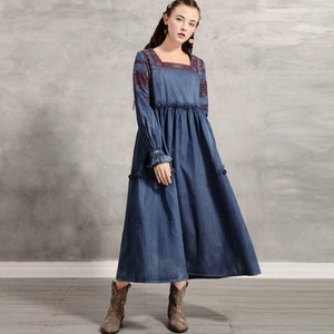 【送料無料】デニムワンピース ロング ミモレ丈 スクエアネック ギャザー フレア 体型カバー 長袖 ゆったり カジュアル 大人可愛い おしゃれ お出かけ デート 普段使い デイリー OP-290IU