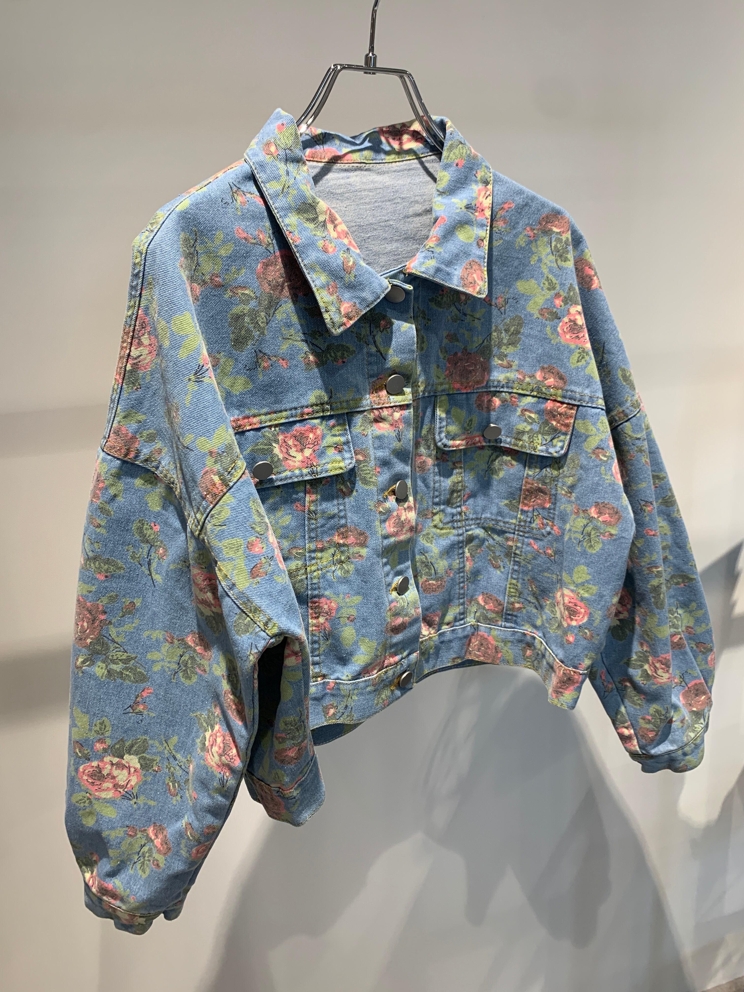 floral pattern denim short jacket
