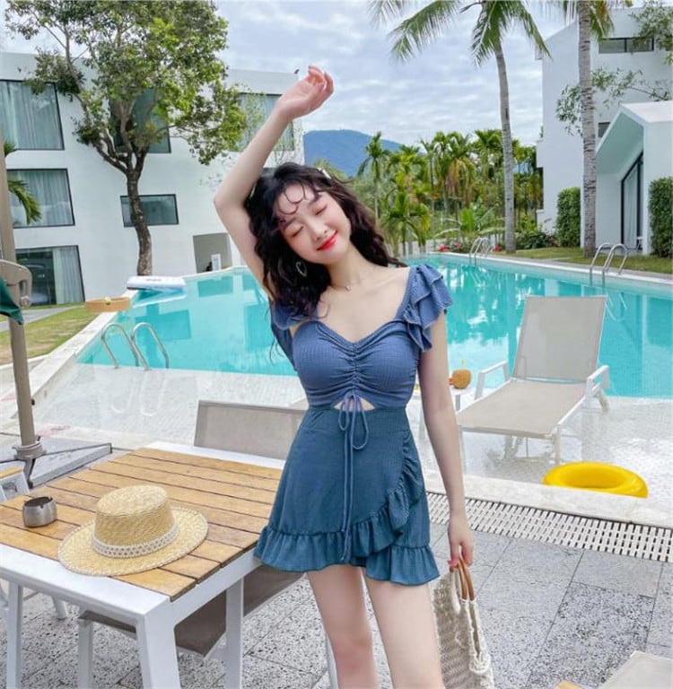 可愛い 韓国 水着 コンビネゾン フラットアングル 保守的 スリム 学生 温泉 袖付き