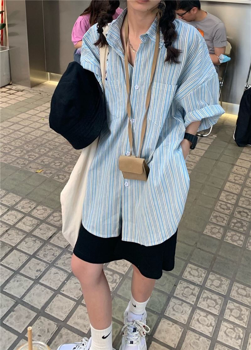 ルーズストライプシャツ サマートップス 夏物 モンロー25897005970