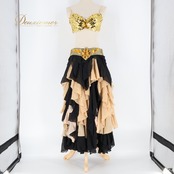 ベリーダンス トライバルフュージョン 衣装 上下セット ブラック系 スパンコール ラインストーン 5点 セット トップス スカート ズボン ベルト 黒 金 豪華 装飾 華やか トライバル キラキラ フリンジ 華やか ダンス衣装 舞台 ゴールド系 ベージュ系