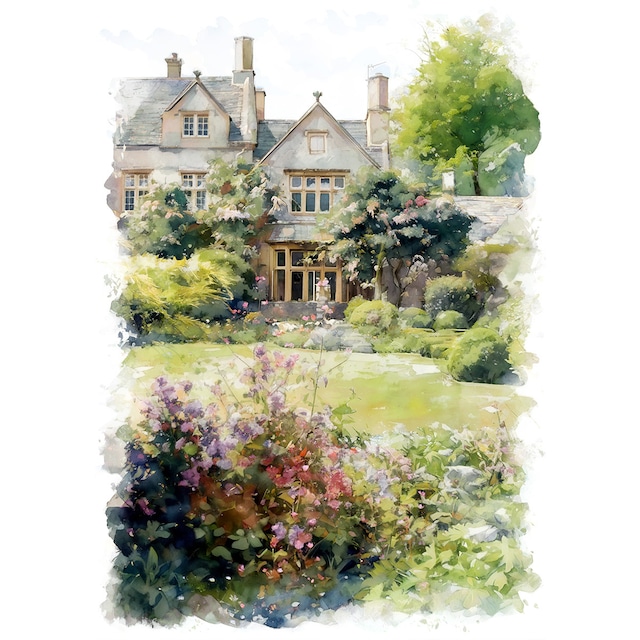 絵画 風景画(街並み)  イギリス コッツウォルズにあるホテル インテリアアート額付き 水彩画・油絵風 WAT1025