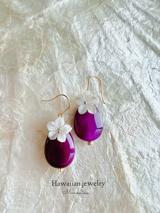 Bougainvillea Pink Agate×Plumeria earring(ブーゲンビリアピンク瑪瑙天然石×プルメリアピアス、イヤリング)