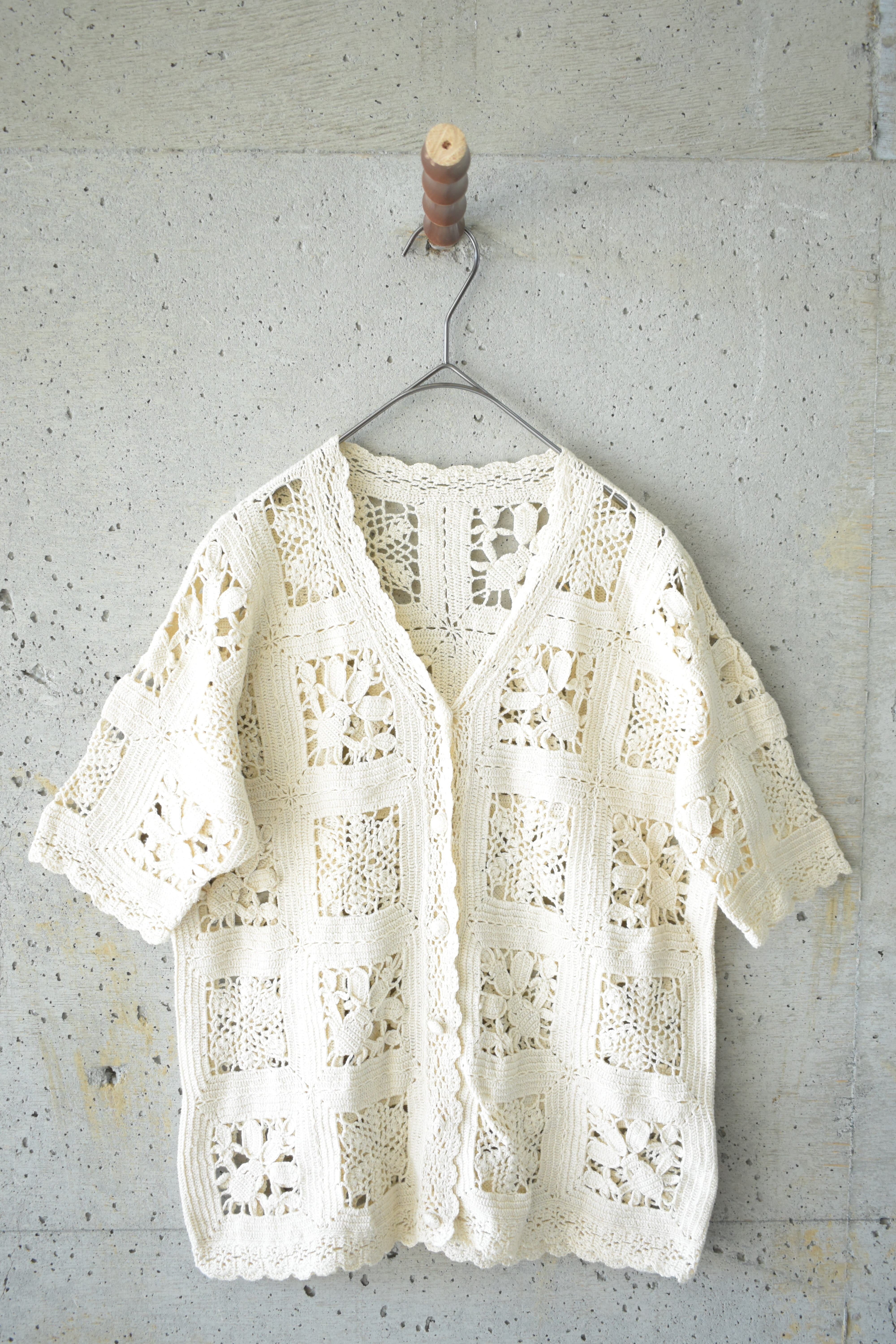 Square-motif crochet short-sleeve cardigan