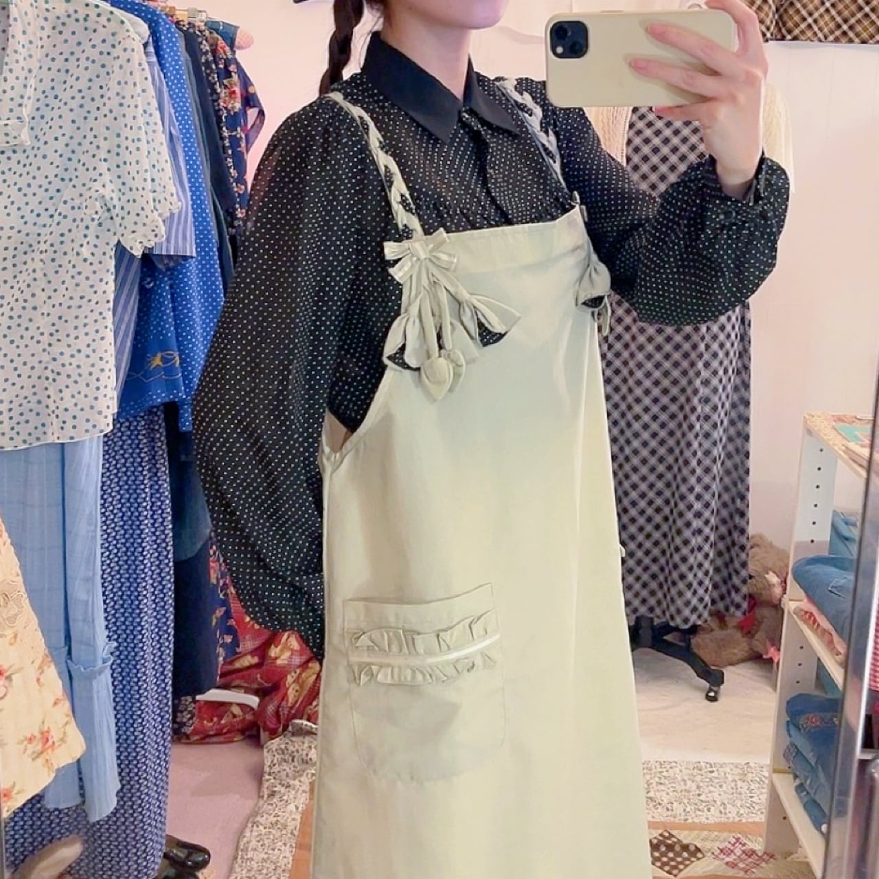 dot ribbon flower jumper skirt