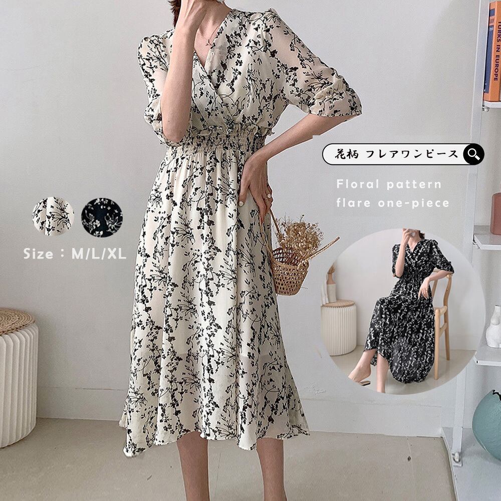 【大人フェミニンなカシュクール風デザイン★花柄フレアワンピース】花柄カシュクール風フレアワンピース2カラー