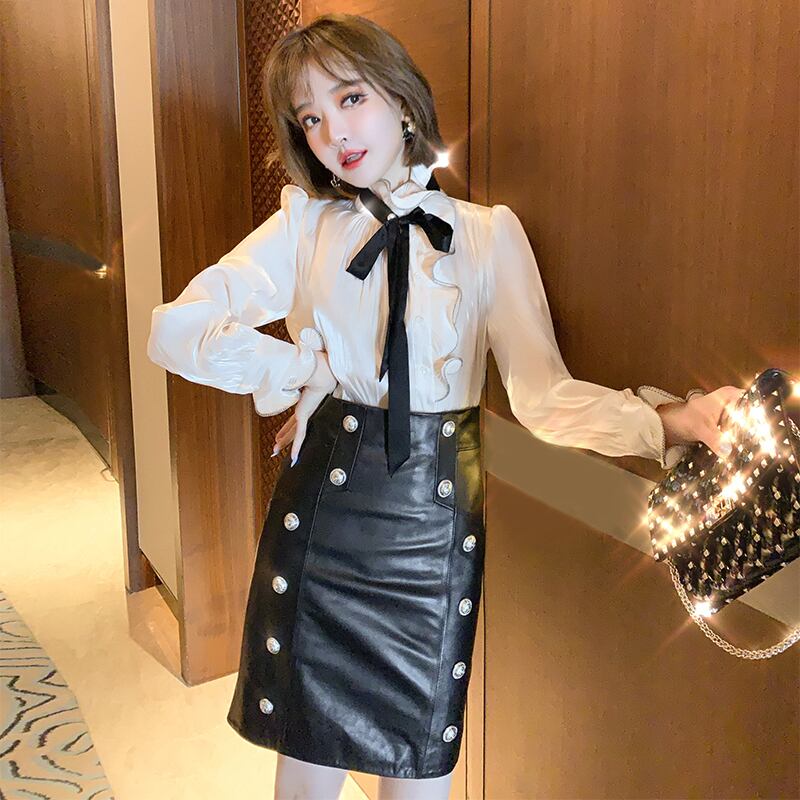 リボンシャツ ダブルブレストレザースカート オータム 秋物 MIUCO42192113527