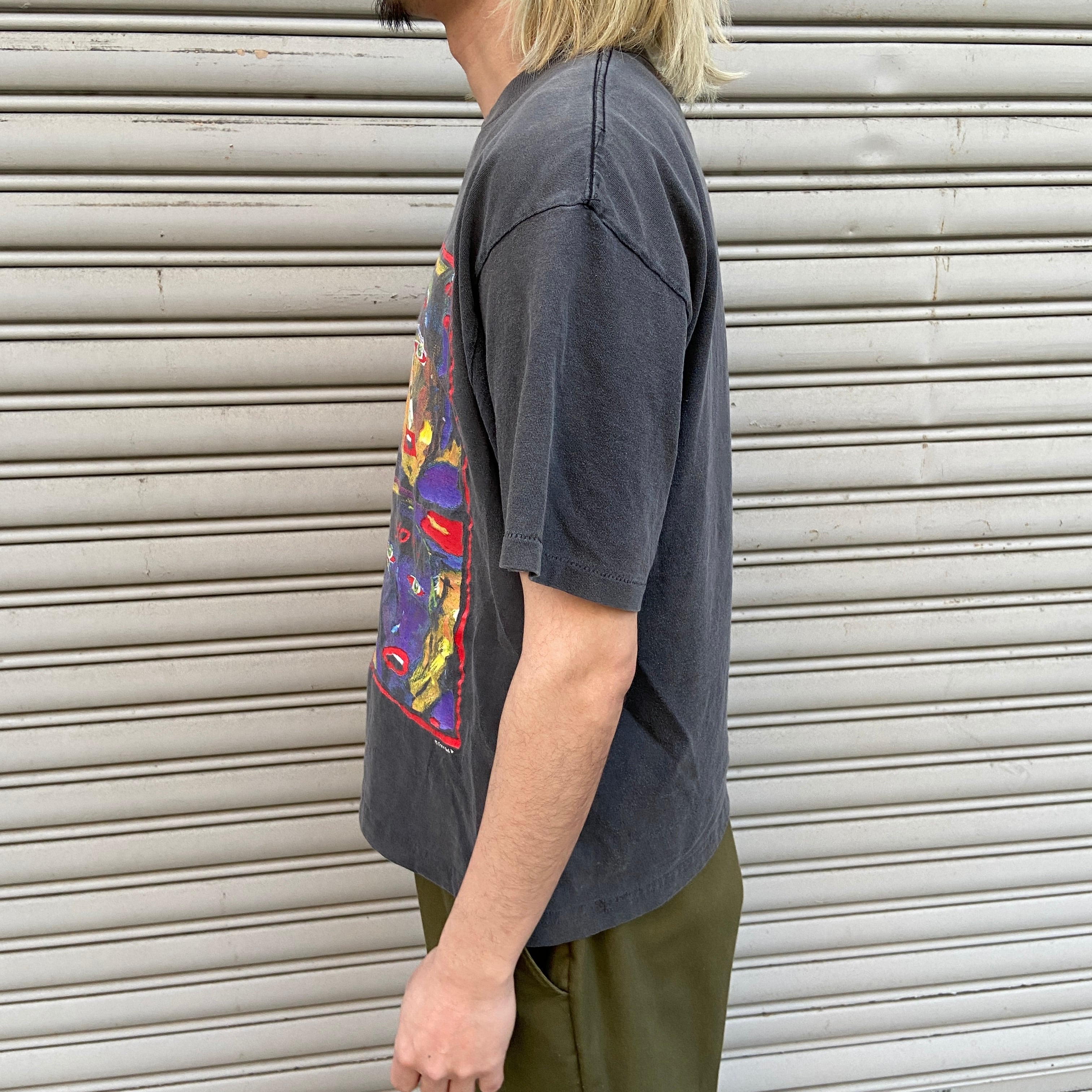 90s usa製 アート tシャツ フェード ブラック ヴィンテージ 90s USA製 フレッドバブ アートTシャツ フェード 雰囲気系 黒 L