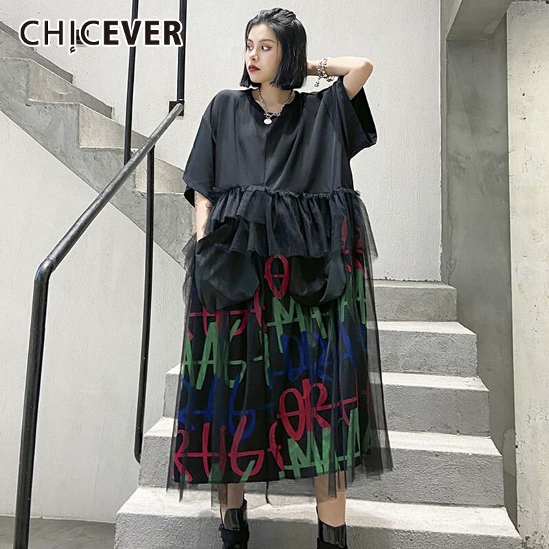 CHICEVERプリントレターパッチワークメッシュドレスレディースOネック半袖ルーズオーバーサイズドレス2020夏 ショート ハーフスリーブ サマー 夏物 6base517306310979