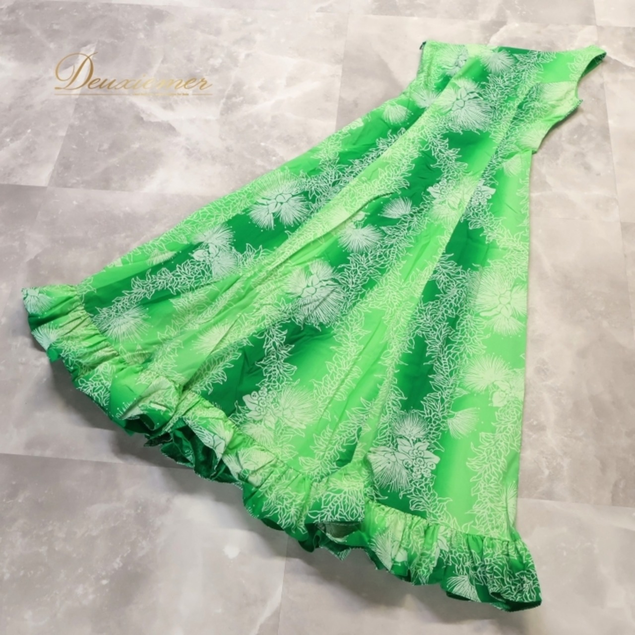 フラダンス 衣装 ワンピース ドレス グリーン系 レフア柄 ハワイアン 緑 白 ワンショルダー ハワイアン アロハ 華やか かわいい ハワイアンプリント 花柄 爽やか