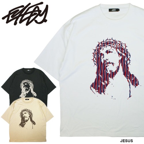 【eye-cut2301】EYEDY アイディー JESUS ショートスリーブTシャツ 大きいサイズ WHTIE BEIGE BLACK ホワイト ベージュ ブラック ビッグシルエット 半袖 プリント