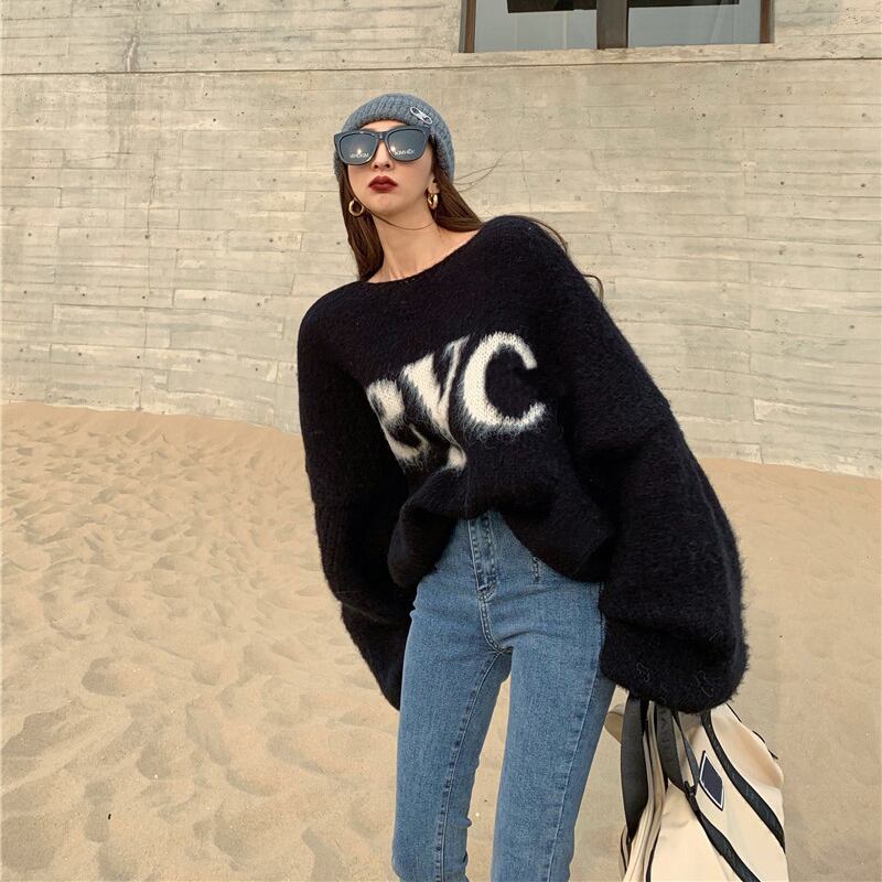 セーター ジャケット オータムウィンタースタンダードスタイルルーズブラックニットトップス レトロ 秋物 冬物 ブラックストロベリース62289518504