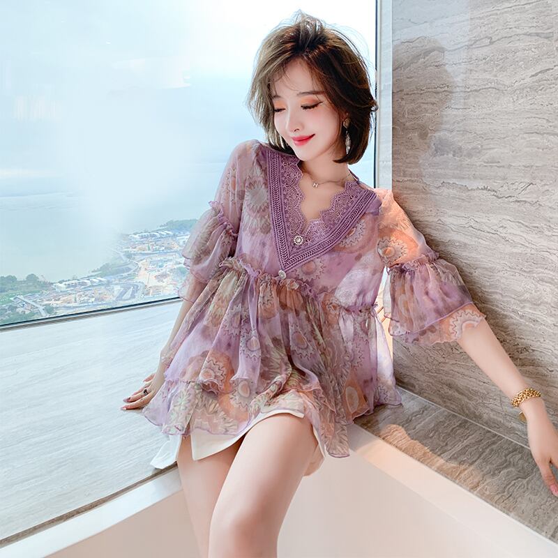 レースVネックプリントシャツ トップス サマー 夏物 MIUCO27766542760