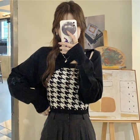 韓国カフェ 韓国ファッション ショート丈 ニットトップス セットアップ ニットウェア カジュアル キャミソール セクシー 千鳥格子柄レトロ風ニット2点セット