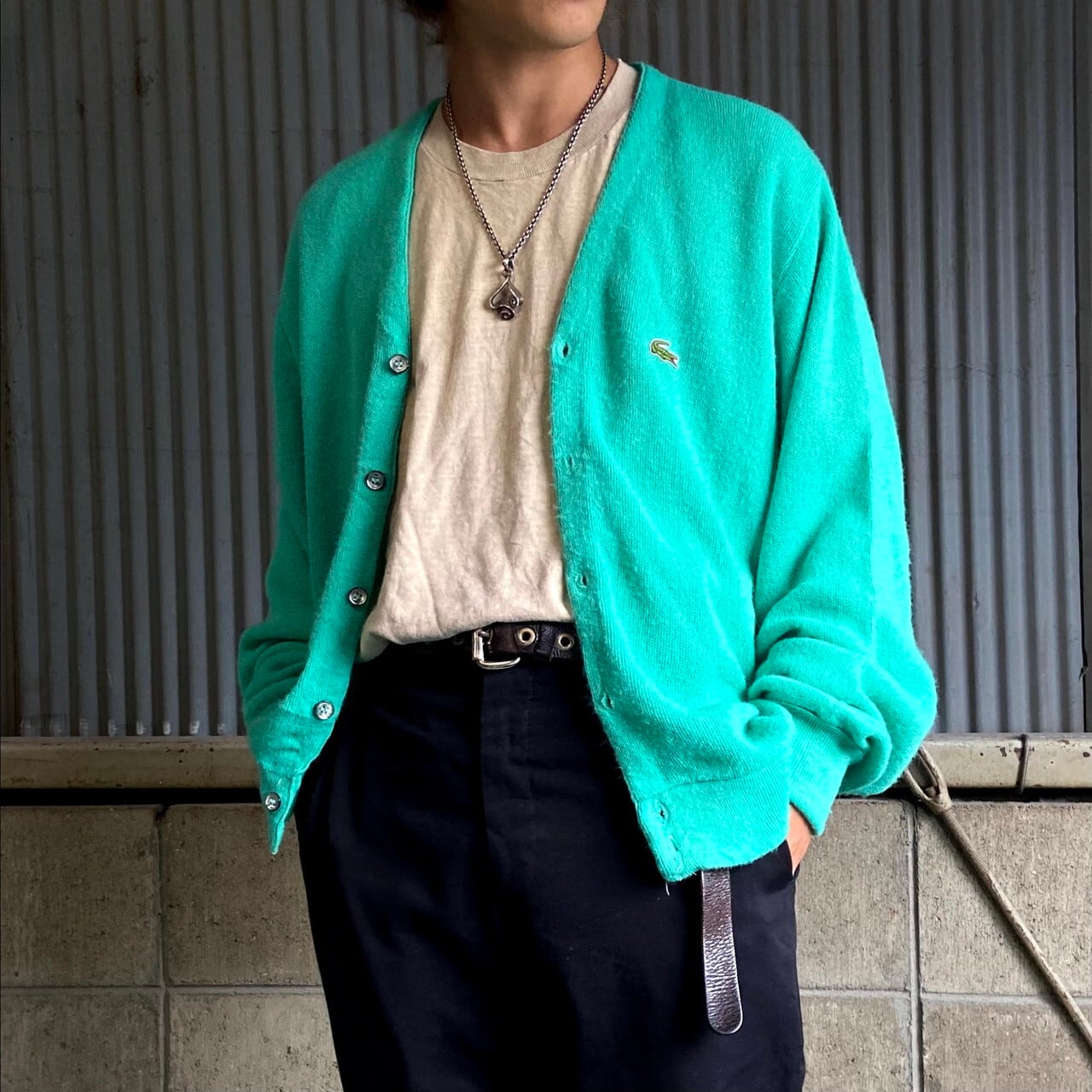 80s 90s Izod アイゾッド ラコステ アクリルカーディガン グリーン古着