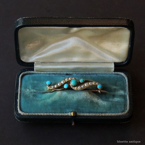 英国アンティークジュエリー 15ctゴールド 天然ターコイズ 真珠 ブローチ （ソーティングメモ付）