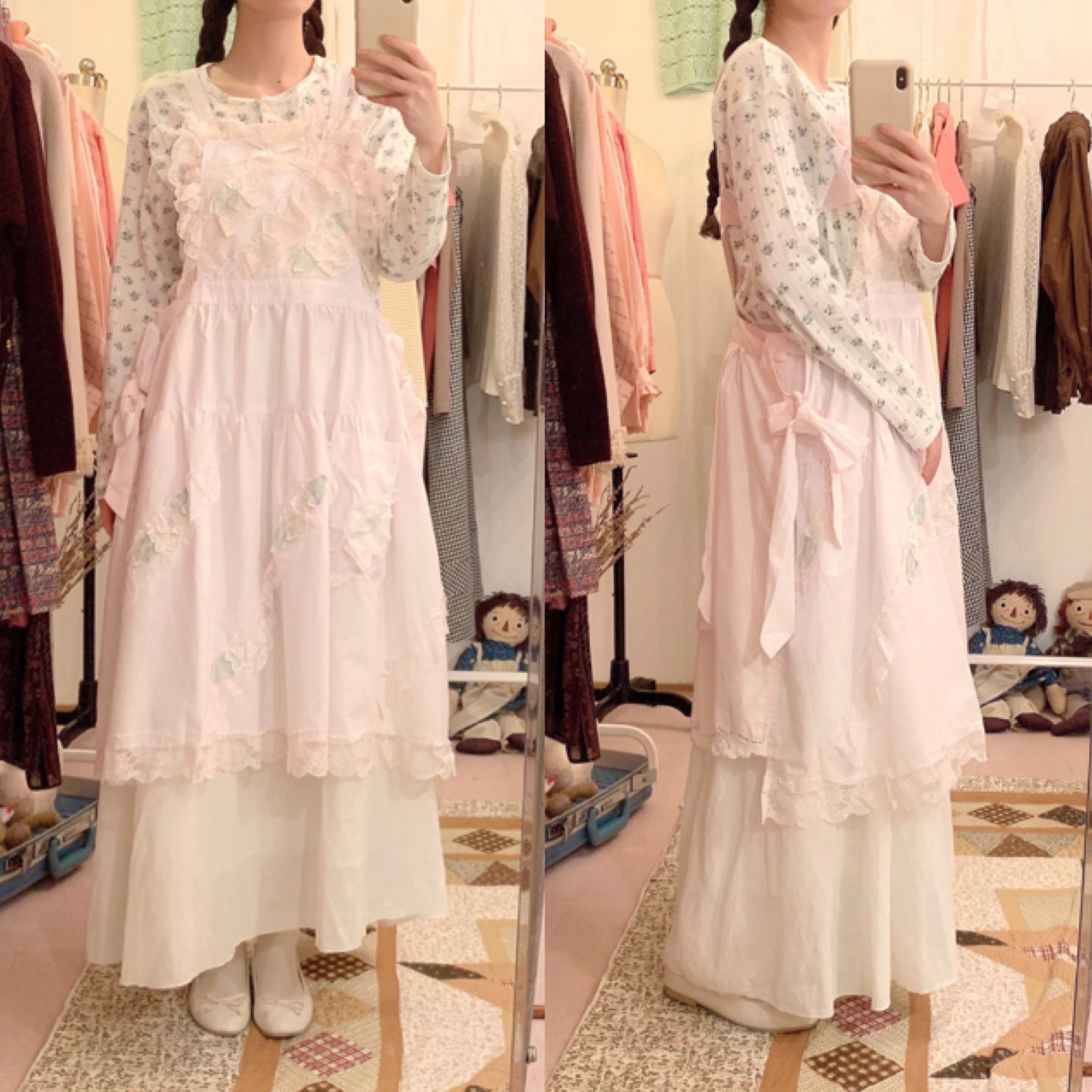 remake : sweet flower pink apron one-piece