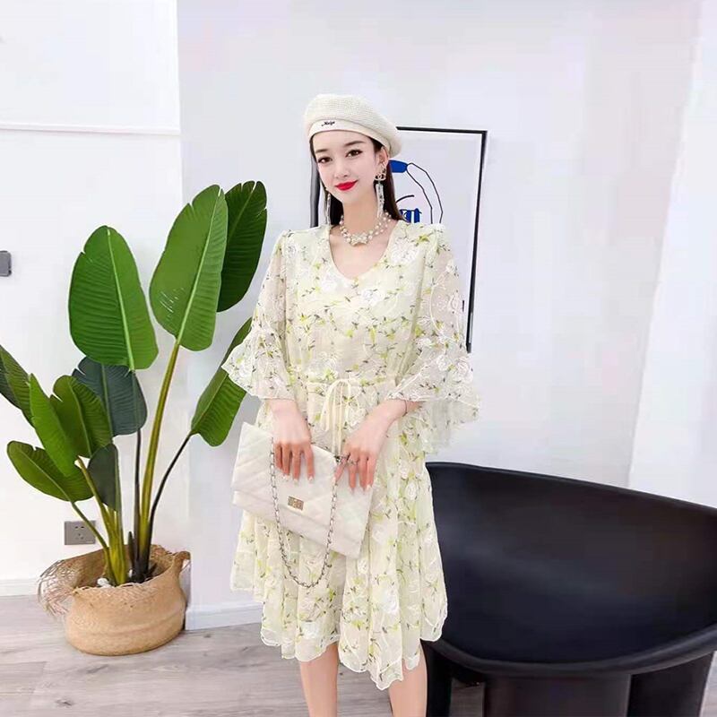 VネックギャザーFlowerデザイン ドレス サマー 大きめサイズ 夏物 フラワーデザイン ミックスインファッション94965499057