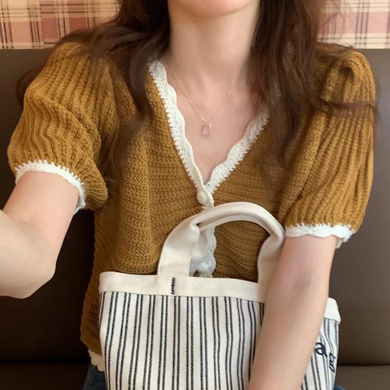 レース半袖スリーブニットブレストVネックシングルカーディガントップス レディース ショート ハーフスリーブ ビッグFスモールZ韓国24412144910