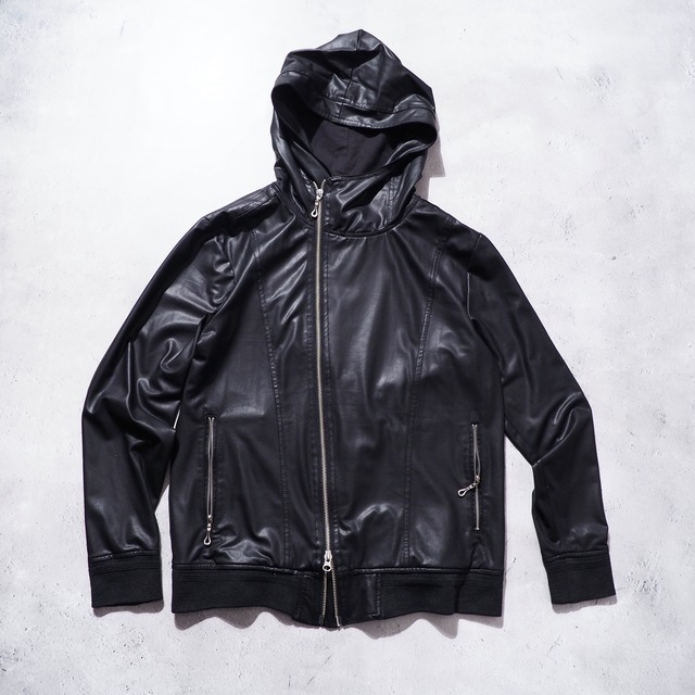 2000s Black gloss coating  Silver zip design hoodie jacket