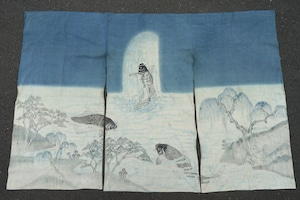 1601A9 暖簾 鯉の滝登り 手描き友禅 幅広 藍染 木綿 時代古布 アンティーク ヴィンテージ