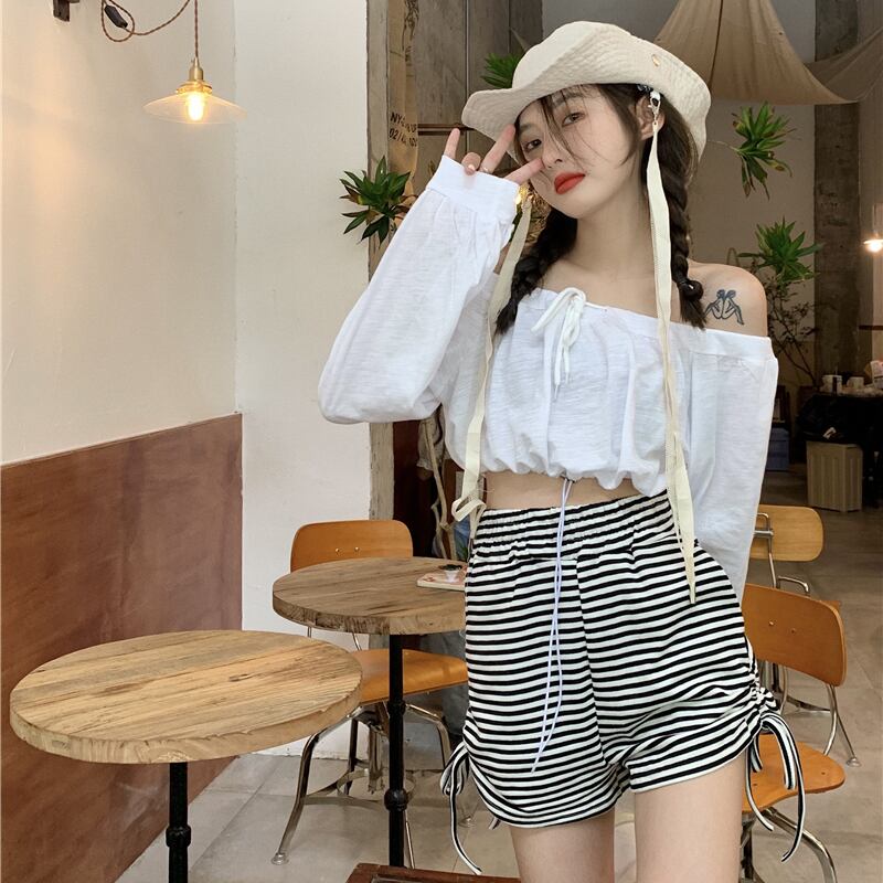 サマースタイルTシャツ ストライプギャザーショーツ ロング ストリート 夏物 ブルマー ドラファッションホール27327158122