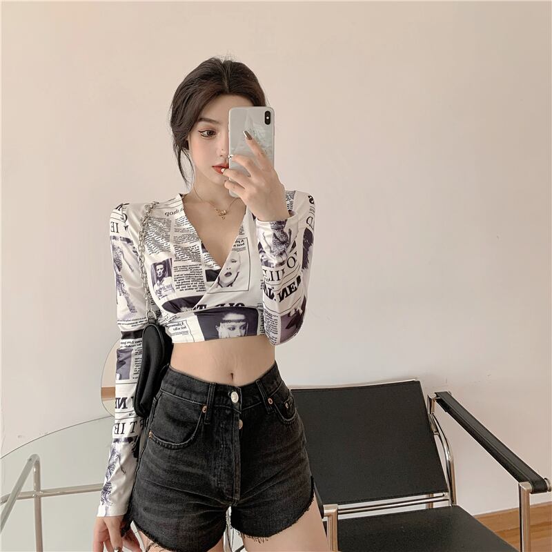 レタープリントセクシーなVネックホワイトTシャツレディース秋タイトフィットスリム長袖ボトミングシャツショートトップ ブラックストロベリース58218309538